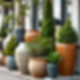 A variety of large pots made from different materials displayed outdoors.