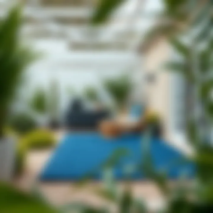Garden Oasis with Navy Blue Rug Navy blue outdoor plastic rug in a garden environment