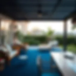 Navy blue outdoor plastic rug enhancing a patio setting