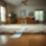 Demonstrating command strips securing a rug on hardwood flooring