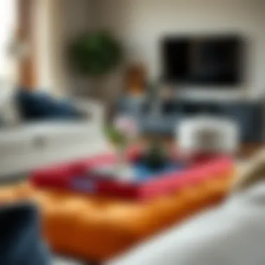 Colorful ottoman tray used as a centerpiece in a stylish living room