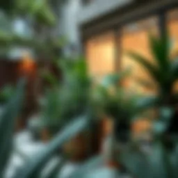 A lush arrangement of outdoor decorative fake plants in a modern garden