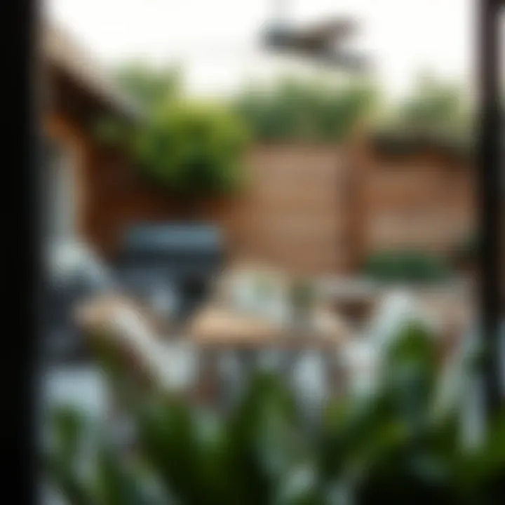 Stylish outdoor dining area with furniture.