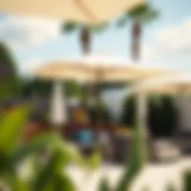 Stylish outdoor setting showcasing extended patio umbrellas.