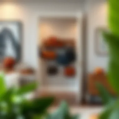 Optimized Living Space with Purse Storage Organized living space featuring an over door purse storage solution