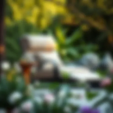 Elegant Recliner Patio Chair in a Garden Elegant recliner patio chair with plush cushions in a serene garden setting