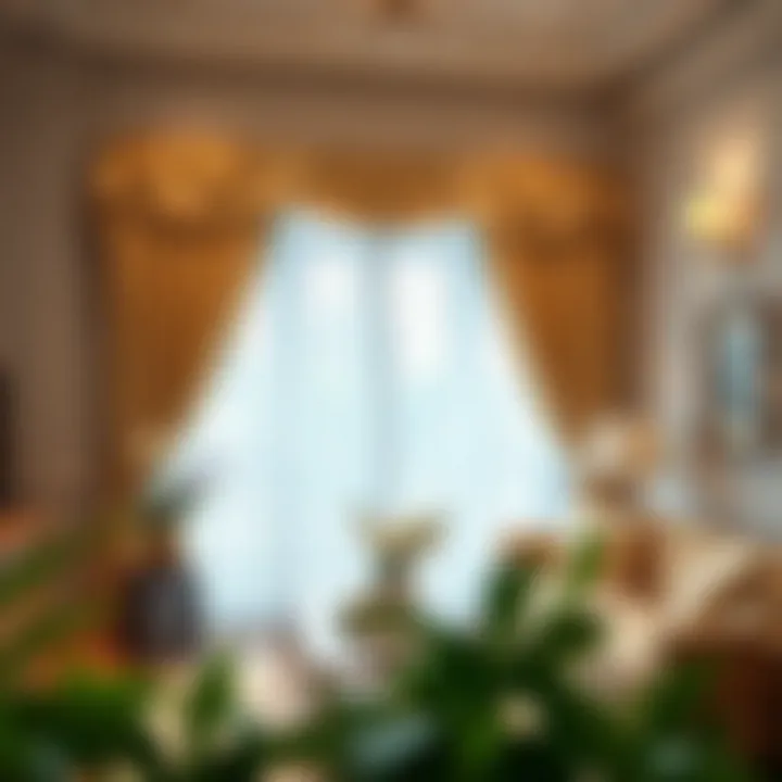 Elegant ruffled curtains with a valance in a chic living room