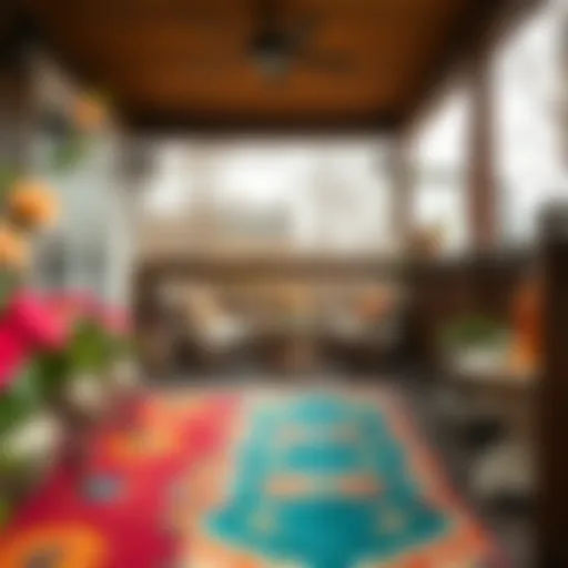 Vibrant Rug Enhancing Outdoor Deck Aesthetics Beautiful outdoor deck adorned with a vibrant rug