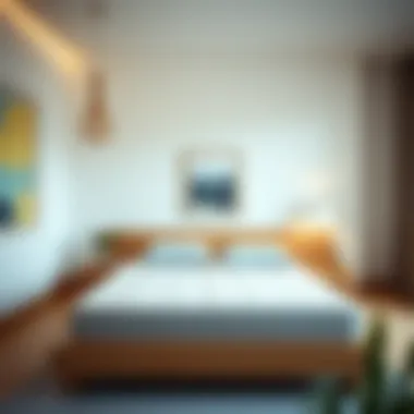 A serene bedroom setup featuring a slatted platform bed with an ideal mattress