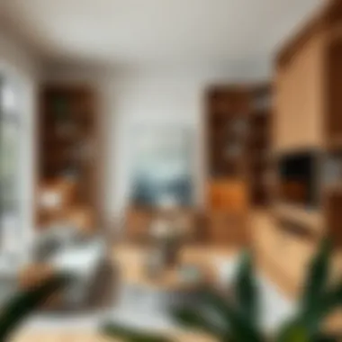 Functional Space Maximization Functional tall wood corner shelves used for maximizing space in a modern living room