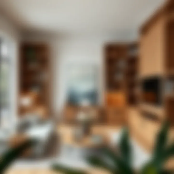 Functional Space Maximization Functional tall wood corner shelves used for maximizing space in a modern living room