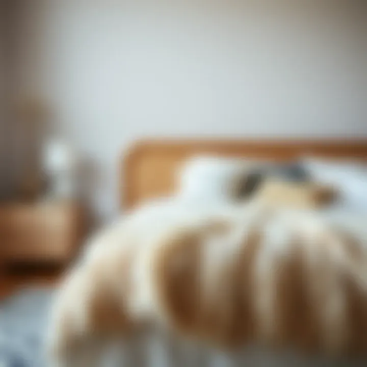 A serene bedroom scene featuring a feather-filled blanket on a cozy bed