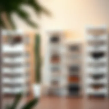 Versatility in Design: Arrangements of Stackable Shoe Racks Versatile arrangement of white stackable shoe racks in various configurations