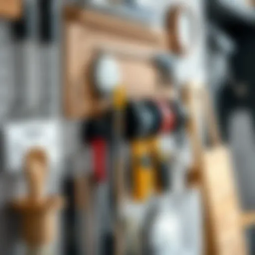 A beautifully arranged hook organizer showcasing various design tools and materials