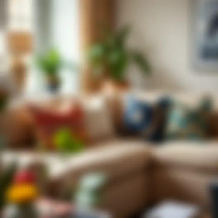 Couch Arrangement with Vibrant Cushion Cases Stylishly arranged couch with vibrant cushion cases enhancing living room aesthetics