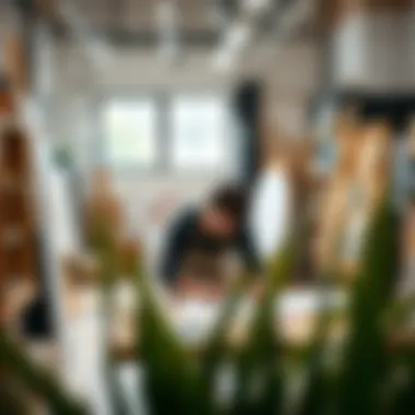 An artist at work in a well-organized modular studio environment.