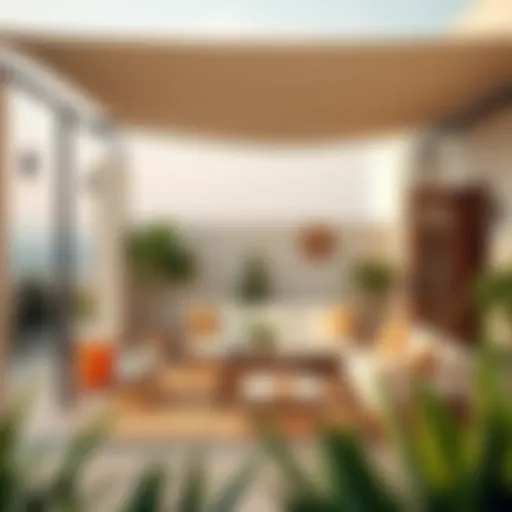 Elegant outdoor space featuring stylish furniture under shade