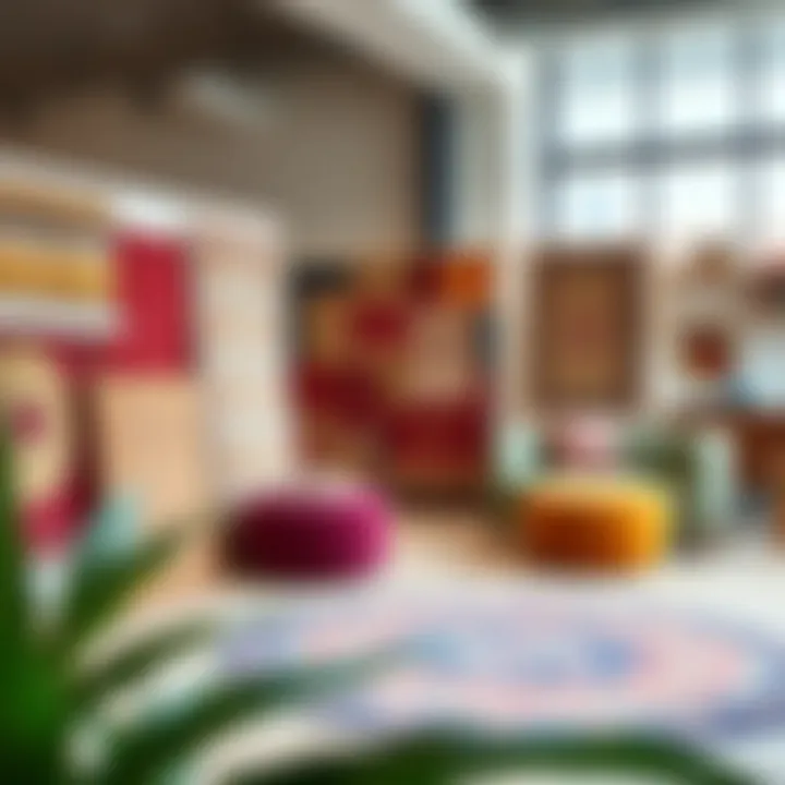 A selection of colorful rugs displayed in a showroom