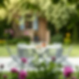 Elegant foldable outdoor dining set in a serene garden setting