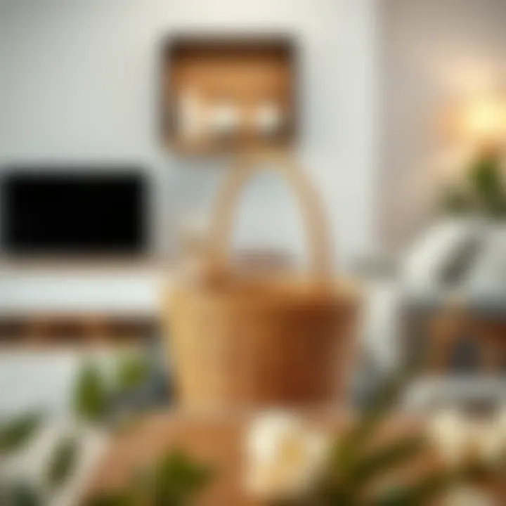 Rattan Basket in Modern Living Space Elegant rattan basket with handles placed in a stylish living room