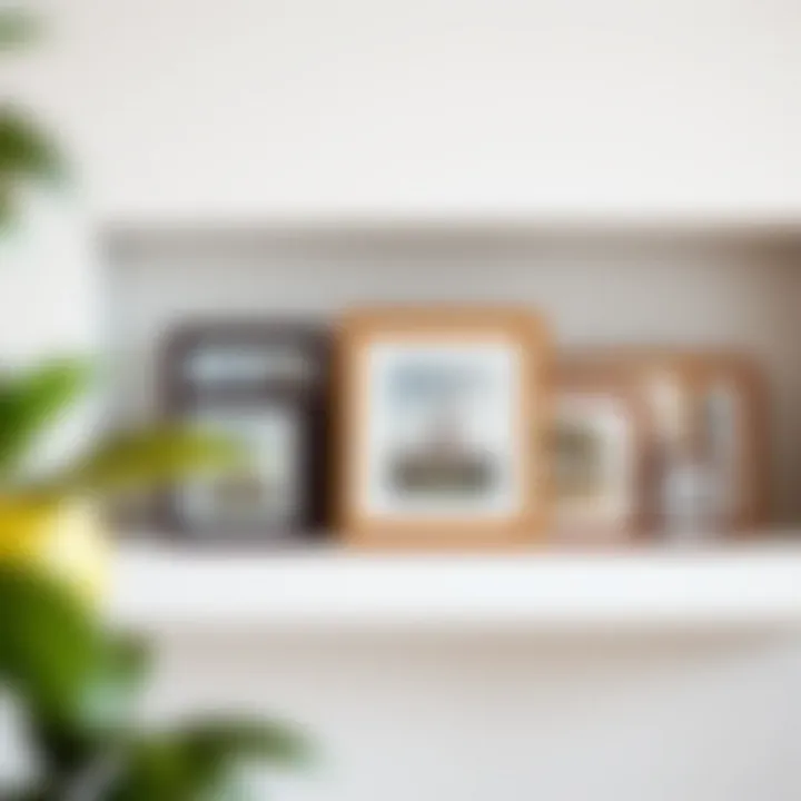 An Elegant Display Elegant arrangement of 6 by 4 photo frames on a modern shelf