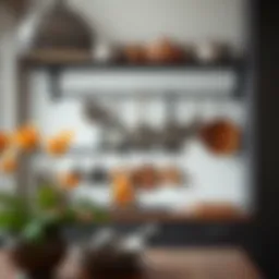 Elegant wall pot rack showcasing various pots and pans in a modern kitchen