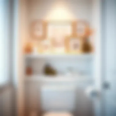 Elegant bathroom with white shelf showcasing decor