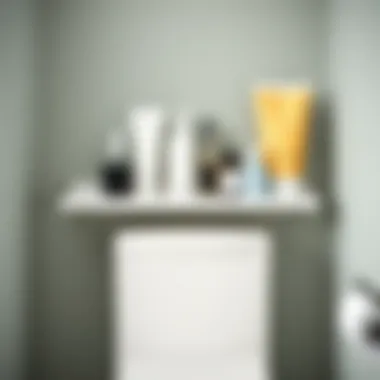 Functional organization of bathroom items on a white shelf