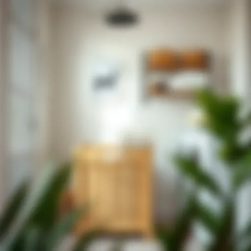 Stylish wood laundry basket organizer in a modern laundry room