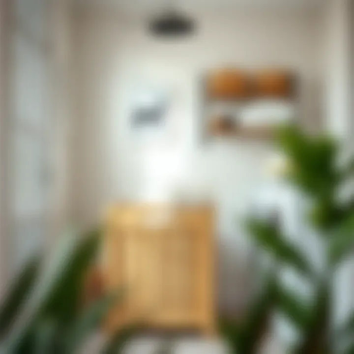 Stylish wood laundry basket organizer in a modern laundry room