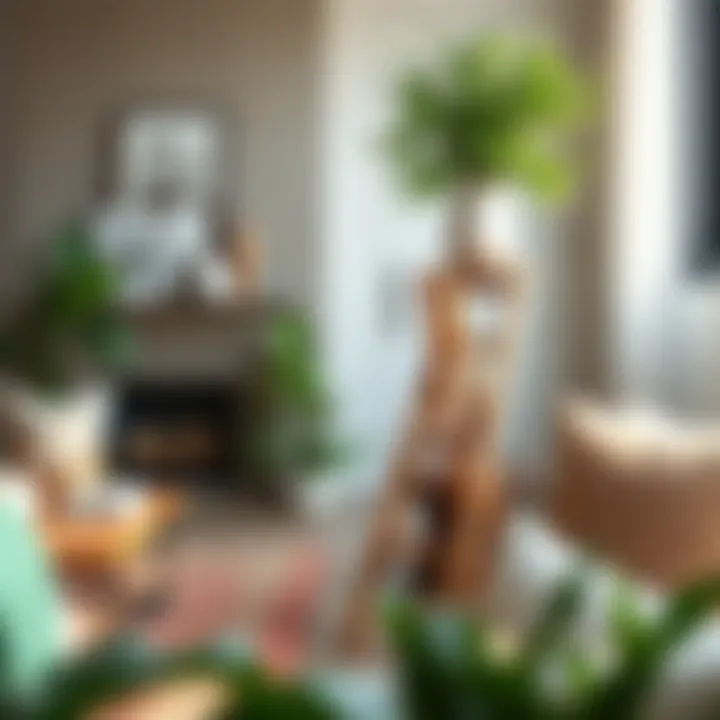 Rustic wood plant stand ladder placed in a cozy living room