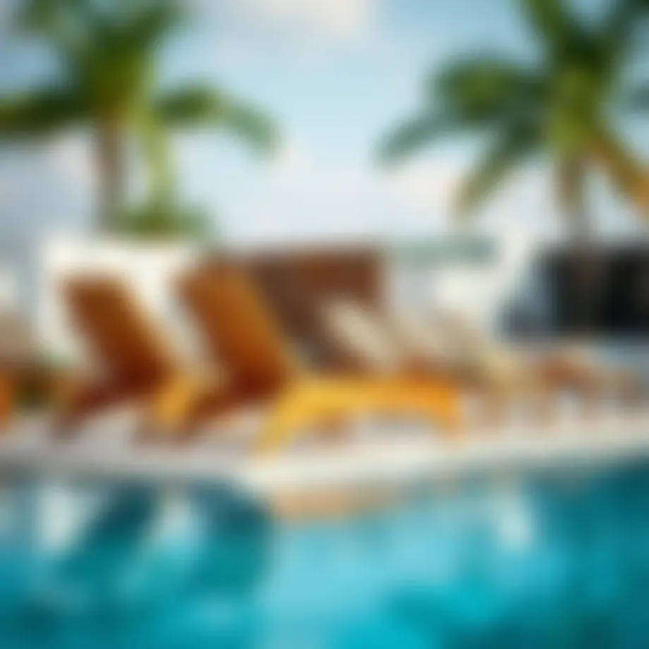 Historical evolution of wooden lounge chairs around a pool